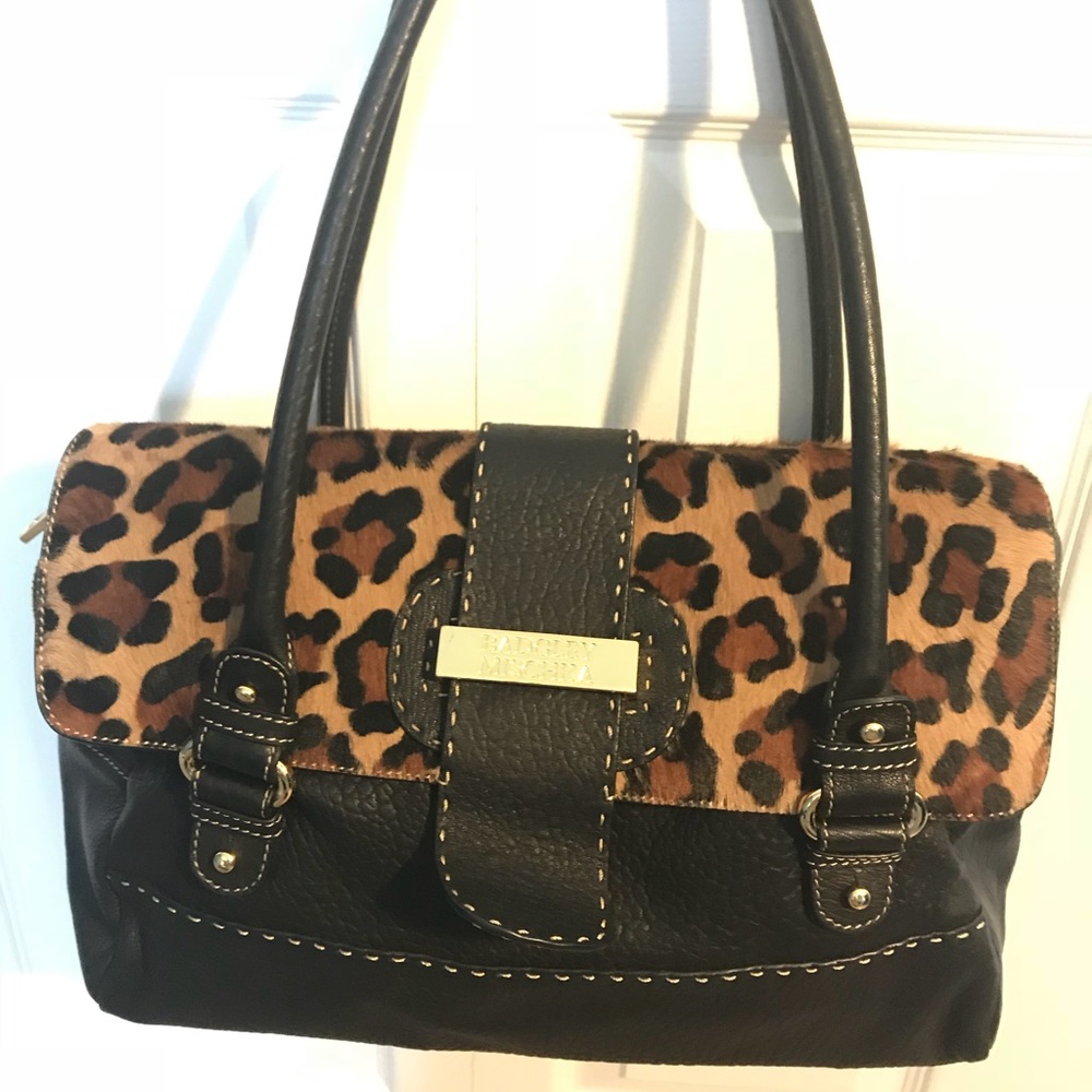 Badgley Mischka leopard black leather shoulder bag